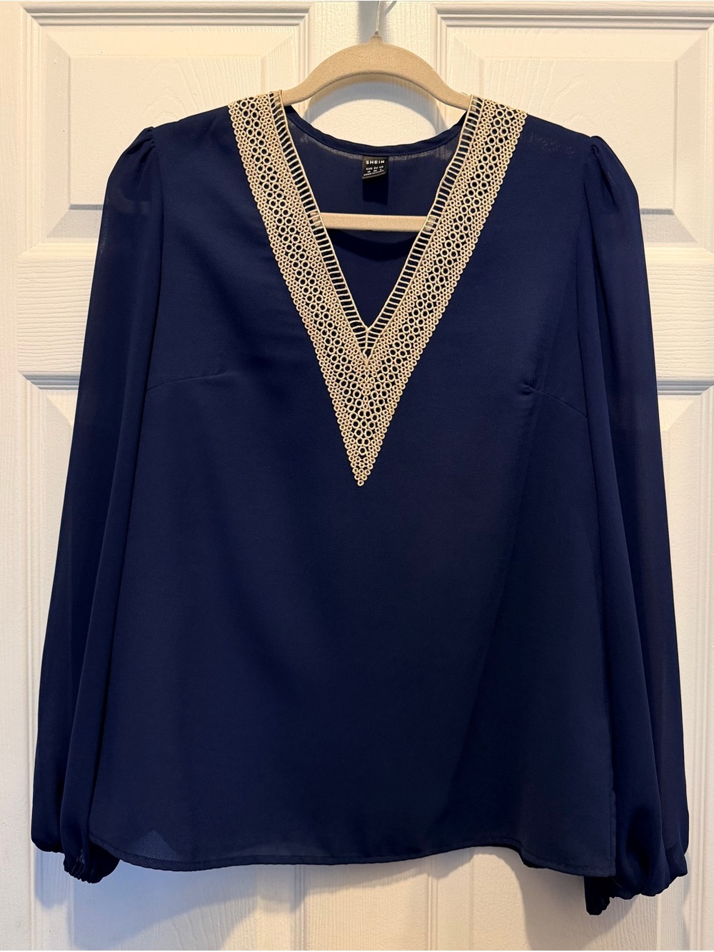SHEIN Navy Blouse with Cream Lace V-Neck